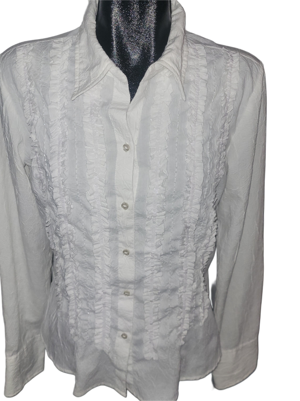 Point Zero Vintage Y2K White Ruffled Button-Front Crinkle Detailed Blouse Size L